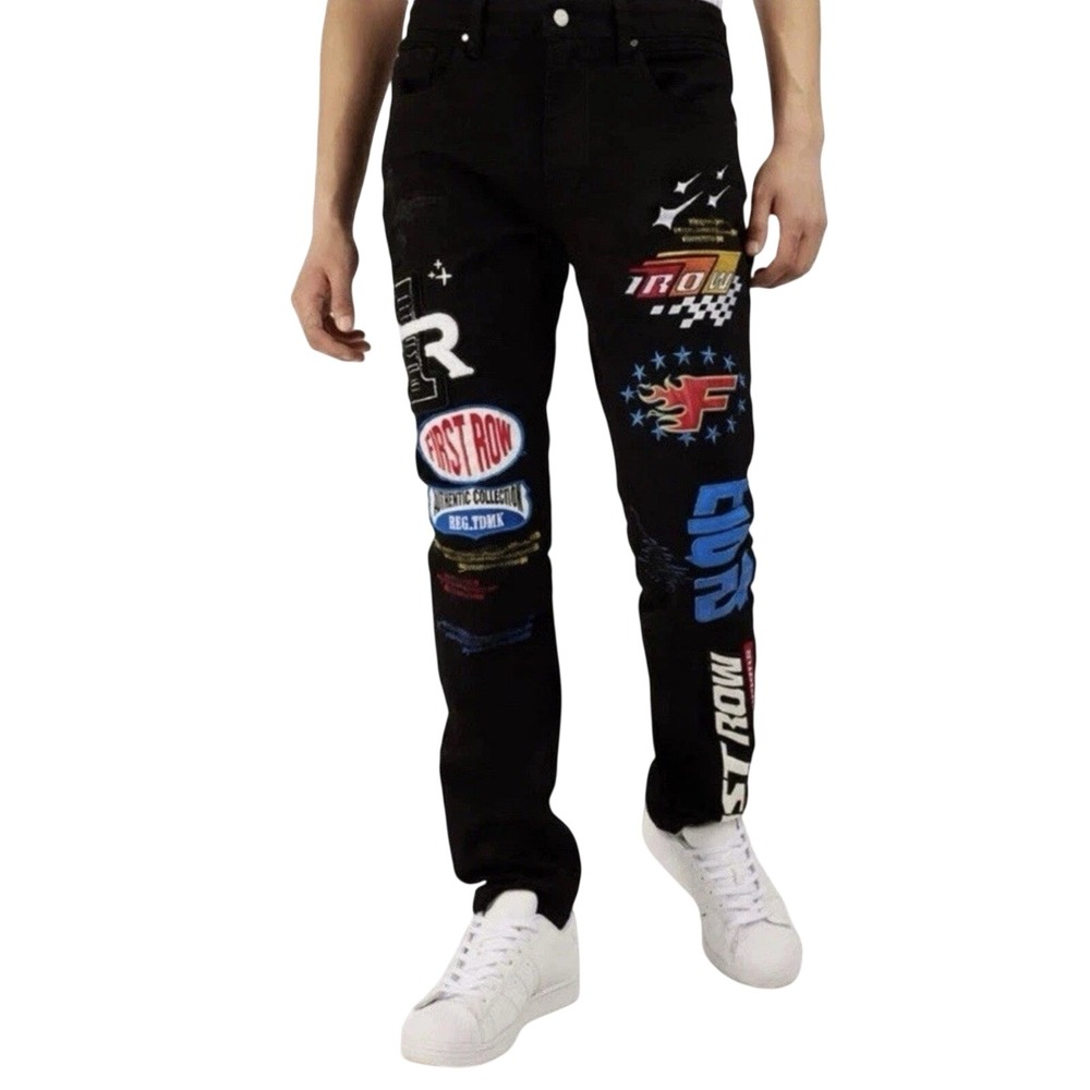 First Row Jeans Mens 38x32 Black World Champions Patch Embroidered Stretch Denim
